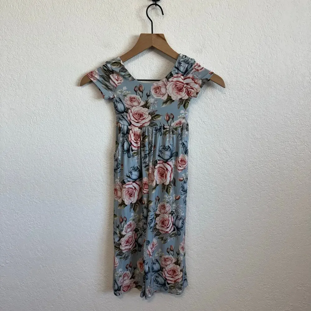 NEW NWT Posh Peanut Floral Scoop Neck Short Sleeve Wide Leg Jumpsuit Blue 3T-4T - Picture 2 of 9
